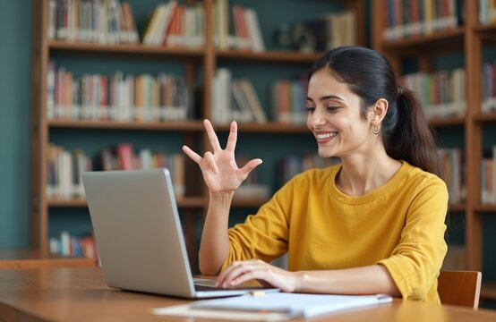 Young Indian woman communicates via sign language over video call. Happy teacher teaches student with hearing disability using laptop in library. Online learning supports deaf individuals with