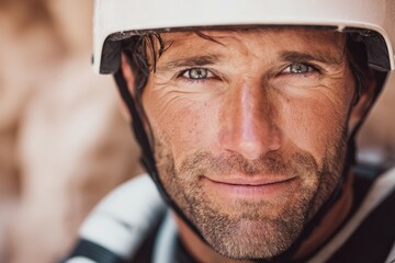 Close-up of caucasian male adventurer wearing helmet outdoors