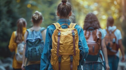 Hikers on forest path; sunny light shining through trees