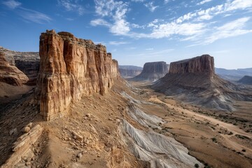 Fototapeta premium Majestic sandstone cliffs in vast desert landscape under blue sky