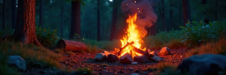 Magical Summer Campfire Glow Cozy Forest Night Scene, Perfect for Relaxation and Storytelling