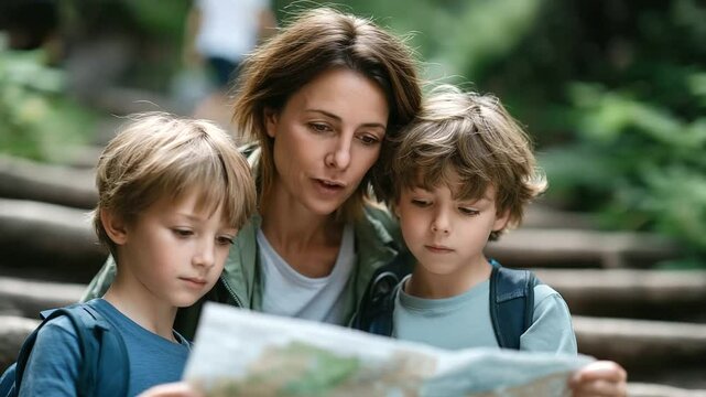 A mother and son pause their forest hike to consult a map for their next adventure.