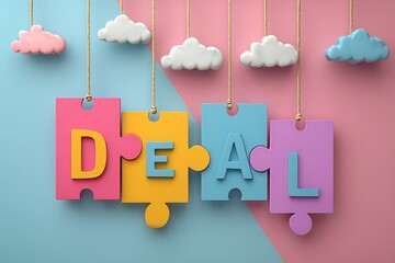 Colorful puzzle pieces spelling out the word deal hang suspended by ropes with fluffy clouds floating above