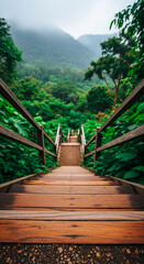 Fototapeta premium Wooden staircase ascending into lush green mountains, showcasing a path to tranquility and nature's beauty