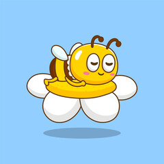 illustration of cute cartoon bee sleep on flower