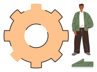 Man in green jacket and dark pants standing alongside a large gear shape and green casual shoe highlights concepts of work, efficiency, casual lifestyle, productivity, and balance. Ideal