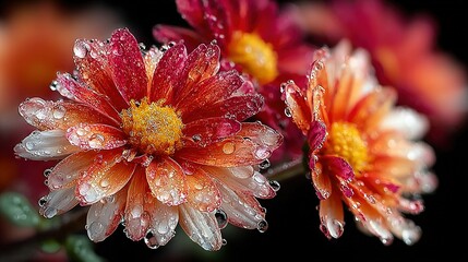  A flower with dew droplets on its petals and a blurred background featuring shades of red, orange, and yellow