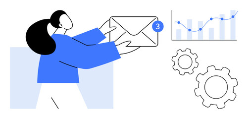 Woman holding email envelope with notification badge, graph showing analytics, and gears representing workflow. Ideal for communication, teamwork, productivity, strategy, email marketing, operations