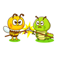 illustration of cute cartoon bee fight caterpillar