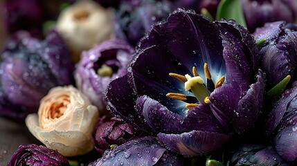   Purple flowers with water droplets and a center rose close-up