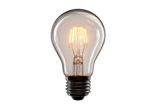 A light bulb is lit up and is sitting on a white background
