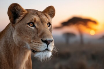 Fototapeta premium Majestic lioness in african savannah at sunset