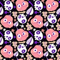 Autumn harvest vegetable seamless monster Halloween pumpkins pattern for wrapping paper and fabrics