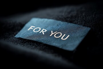 Close up macro shot of a dark blue fabric clothing label with the words for you embroidered in white thread