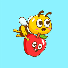 illustration of cute cartoon bee bringing apple