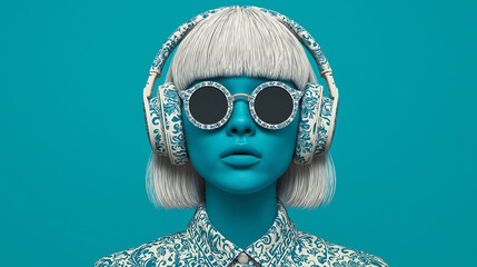 Blue-skinned woman with white hair, Chinese porcelain patterned headphones, and dark glasses. Symmetrical composition against solid blue background