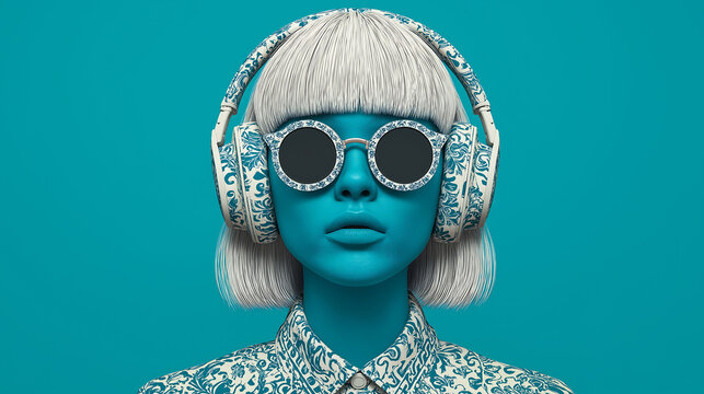Blue-skinned woman with white hair, Chinese porcelain patterned headphones, and dark glasses. Symmetrical composition against solid blue background