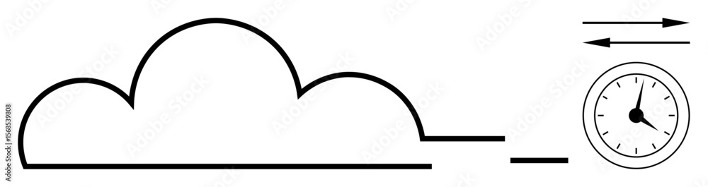 Poster large cloud outline with a clock nearby showing time and double arrows denoting speed or direction. 