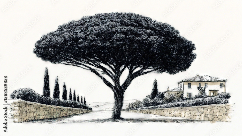 Poster a b&w sketch of a tree against a stone backdrop with a house beyond it