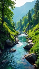 Serene River Flowing Through Lush Green Valley Sunlight Dapples Tranquil Water, Creating a Peaceful Nature Scene Perfect for Travel and Environmental Projects