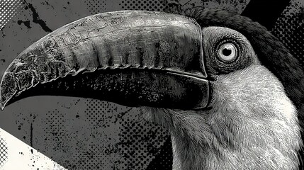 A B&W drawing of a toucan with a huge, curved beak