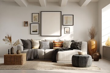 Fototapeta premium Modern living room with a comfortable sectional sofa gallery wall and natural decor elements creating a cozy atmosphere