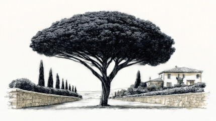   A B&W sketch of a tree against a stone backdrop with a house beyond it