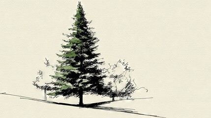   A single snow-covered pine tree stands tall atop a snowy hill, while a solitary snowboarder glides downhill in the foreground