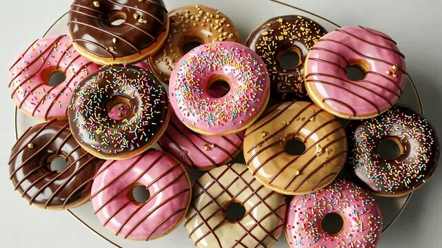 Glazed donuts piled on a platter, colorful and delicious-looking