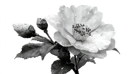  A B&W image depicting a flower with water droplets on its petals and stem