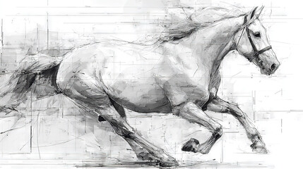   A monochrome depiction of a galloping equine against a pure white canvas, adorned with a grayscale rendering of the same animal in motion