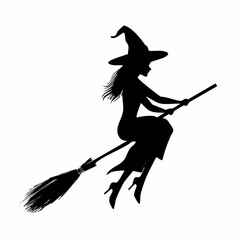Silhouette witch flying on broomstick image vector isolated on white background.