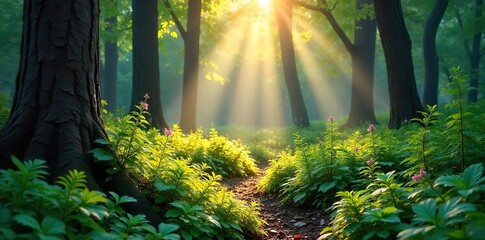 Sunlit Forest Floor Lush Ferns, Wildflowers, and Ancient Trees Create a Tranquil Woodland Scene, Perfect for Nature-Inspired Design and Relaxation