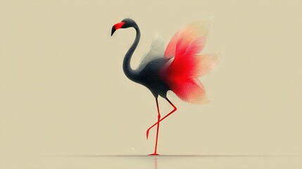   A red-and-black bird stands tall on water's edge, with long legs and neck spread wide