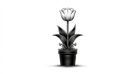   A monochrome image of a potted plant containing a solitary tulip
