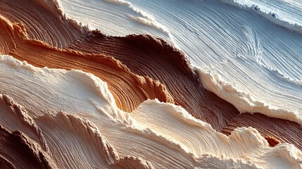   A close-up of a textured brown and white paint with varying shades of brown, white, and blue
