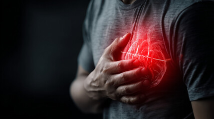Male has chest clutching in pain, with glowing red heart and ECG pulse overlay. Heart attack, cardiac arrest, chest pain or symptoms of heart disease. For health, medical, cardiology     