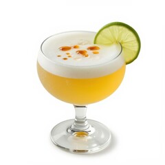 Elegant pisco sour cocktail with lime garnish, topped with foam and bitters on a white background.