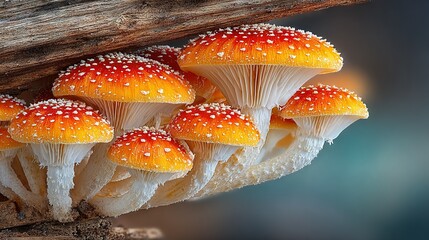Obraz premium A detailed image of mushrooms on a tree branch, showing droplets of dewed on their caps