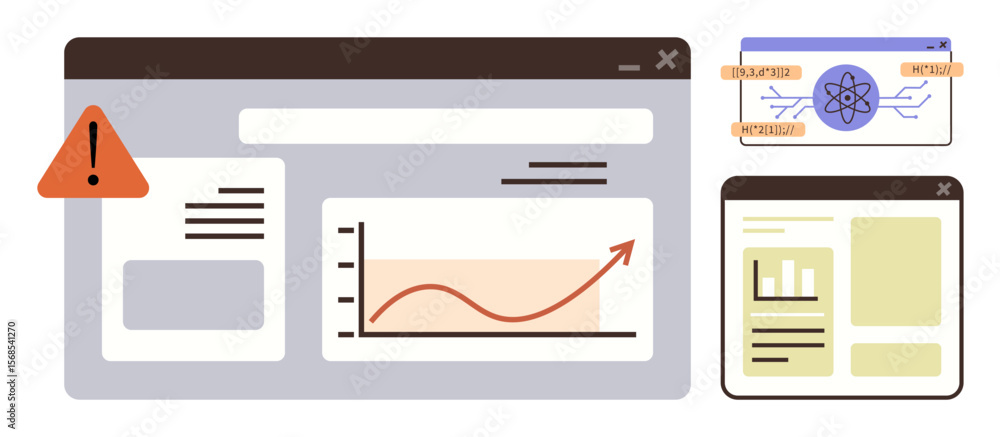 Poster web dashboard highlighting error icon, rising trend graph, atomic data visualization, and text layou