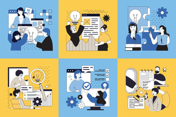 All good ideas concept of social media banners set for web design. People thinking, searching solutions, brainstorming, creating business innovations, making startup strategy. Vector illustrations.