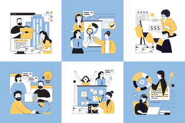 Basic office concept of social media banners set for web design. People communicating, developing business, brainstorming, making investments, planning strategy, earning money. Vector illustrations.
