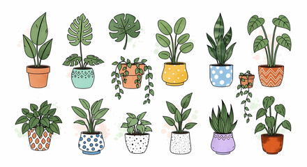 Set of 15 hand-drawn whimsical doodles of various potted houseplants. Include 5 different leaf shapes, 7 uniquely patterned ceramic pots (in terracotta, mint green, mustard yellow, baby blue