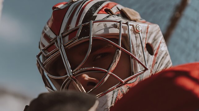 Close up of a focused hockey goalie wearing a protective mask with red and white stripes - Powered by Adobe