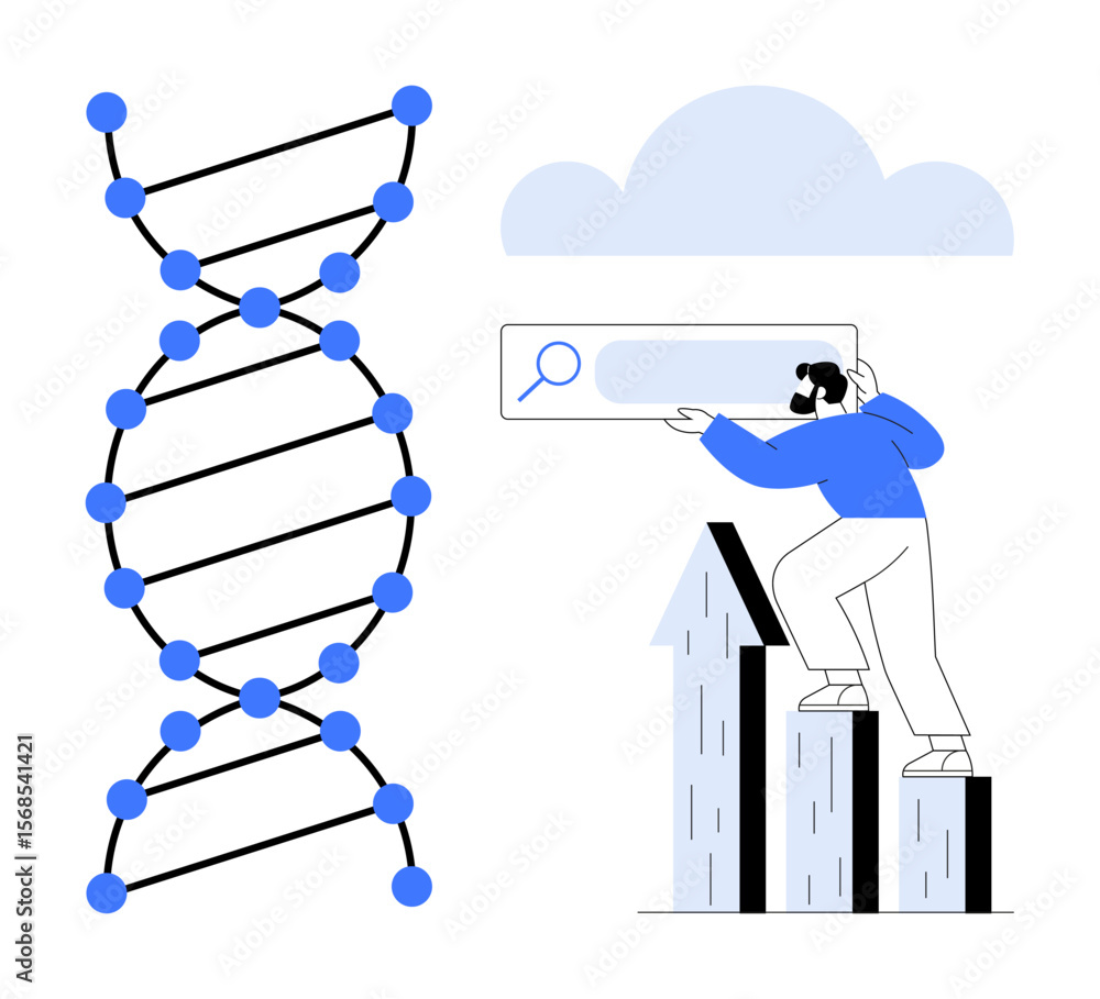 Poster dna helix structure beside professional using search box while standing on graph bars. ideal for sci