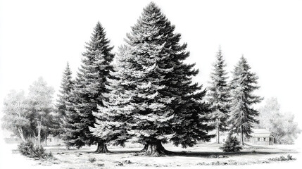   A monochromatic illustration of a grand pine tree, standing alone in a field against a backdrop of a house