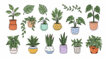 Set of 15 hand-drawn whimsical doodles of various potted houseplants. Include 5 different leaf shapes, 7 uniquely patterned ceramic pots (in terracotta, mint green, mustard yellow, baby blue