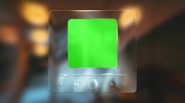 Glass morphism green screen music player interface. Liquid glass media player with menu, pause, rewind buttons. Mirror music player with green screen. Play a track in one minute.