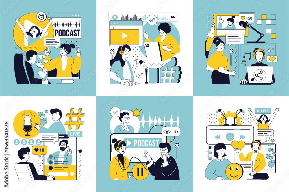 Aufkleber video podcast concept of social media banners set for web design. people recording conversation in s