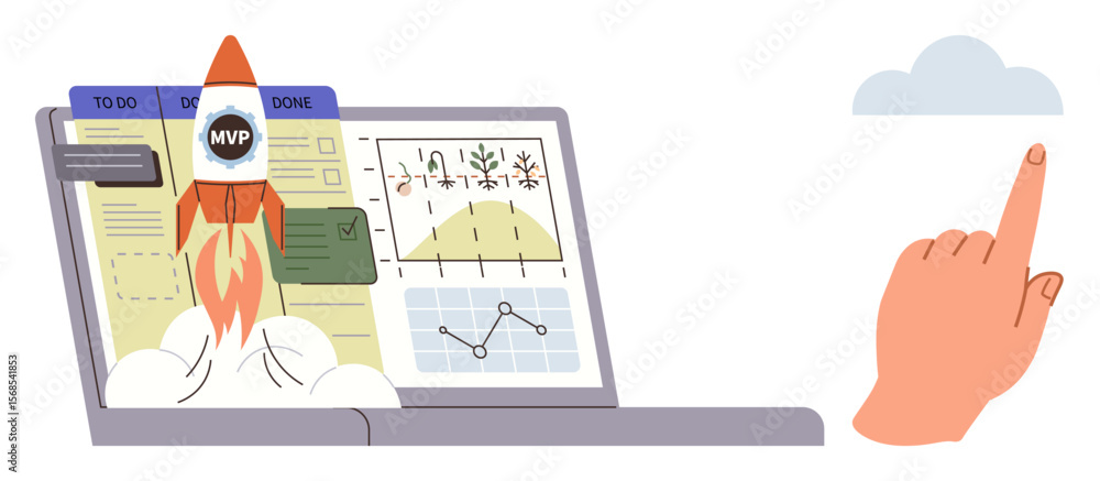 Poster rocket launching from laptop screen displaying project workflow, analytics, and growth charts. point